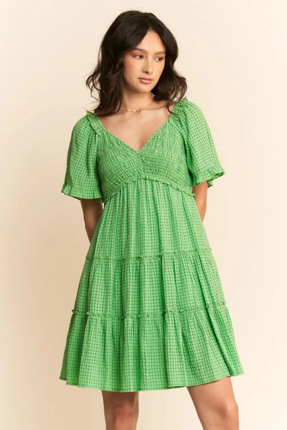Jacquard Checker Smocking Tiered Dress - Ibiza Green - product view 4