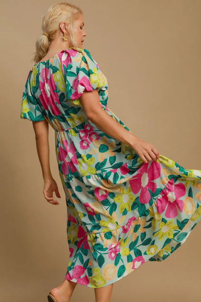 Full Size Tiered Floral Print Notched Puff Sleeve Midi Dress Plus Size - Mintmix - product view 5