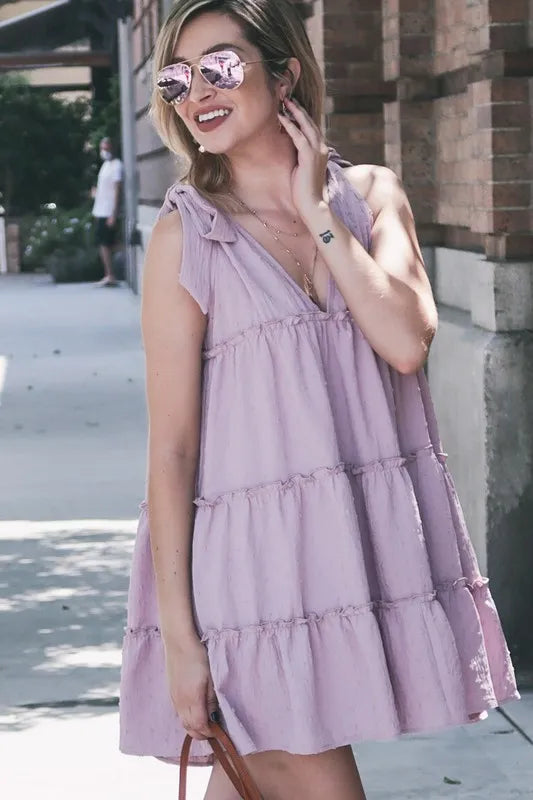 Polka Dot Textured Layered Flounce Ruffle Dress in Lavender - product view 3