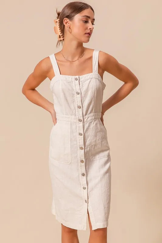 Button Down Pocket Front Pinafore Dress - Off White - product view 14
