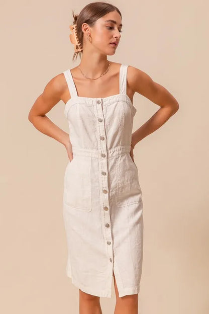 Button Down Pocket Front Pinafore Dress - Off White - product view 14