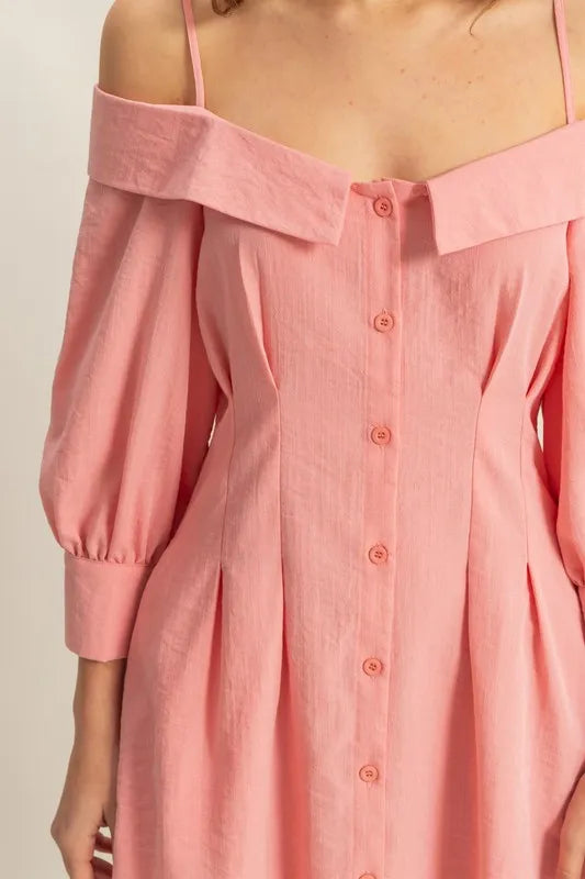 Button Down Spaghetti Strap Mini Dress with Pockets - Coral - product view 5