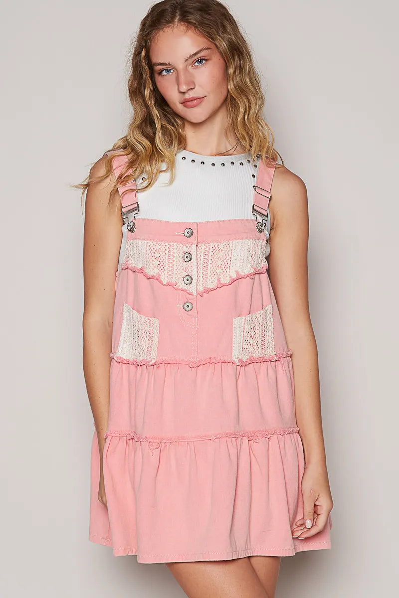 Lace Patchwork Detail Denim Overall Dress in Pink - product view 2