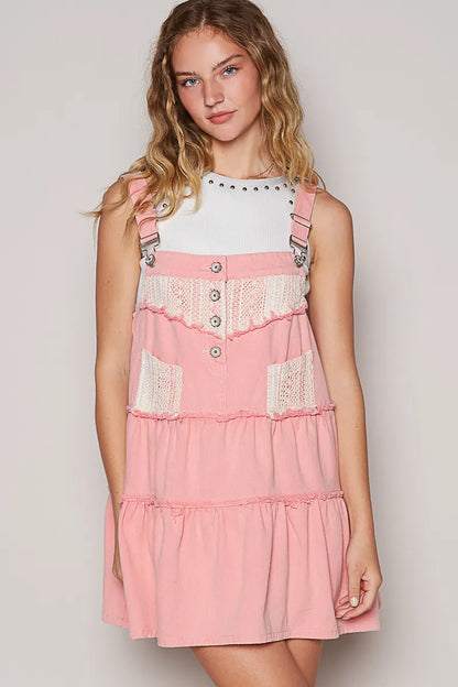 Lace Patchwork Detail Denim Overall Dress in Pink - product view 2