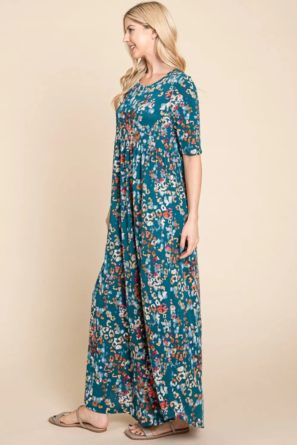 Printed Shirred Maxi Dress - Teal - product view 4