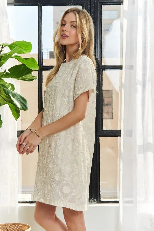 Applique Round Neck Short Sleeve Shift Dress in Beige - product view 4