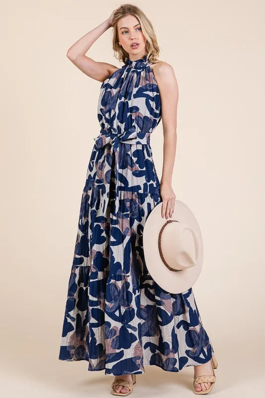 Abstract Halter Neck Tie-Waist Tiered Maxi Dress in Navy Combo - product view 10
