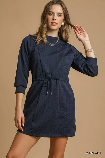 Drawstring Cable Knit Mini Dress with Pockets - Midnight - product view 1