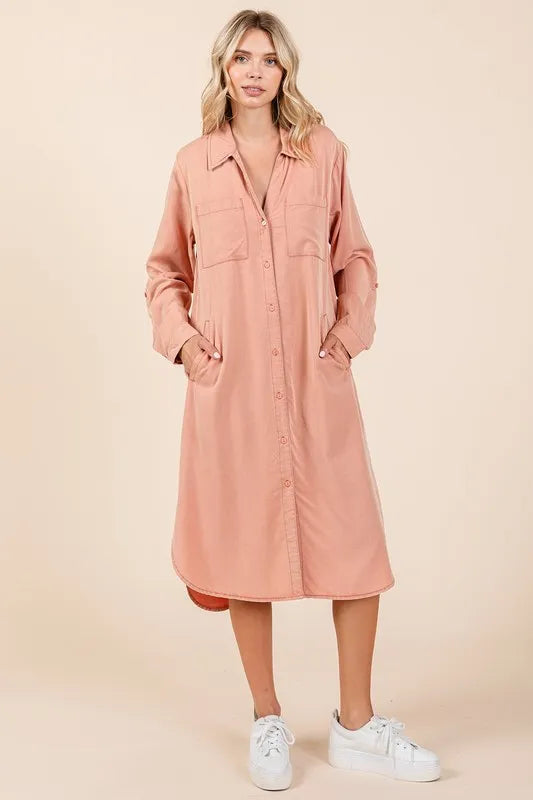 Button Down Long Sleeve Shirt Dress in Burnt Coral - product view 4
