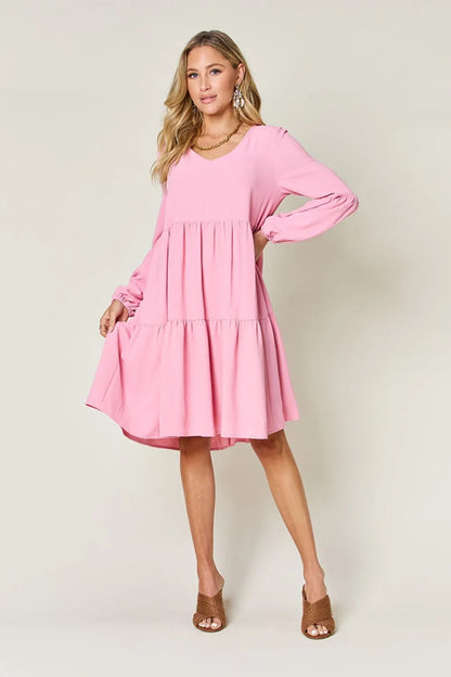 Full Size V-Neck Balloon Sleeve Tiered Dress with Pockets in Light Green, Pink and more - product view 12