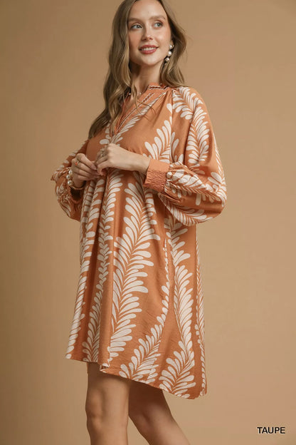 Leaf Print Notched Mini Babydoll Dress in Taupe - product view 3