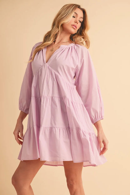 Notched Balloon Sleeve Tiered Mini Dress - Lilac - product view 3
