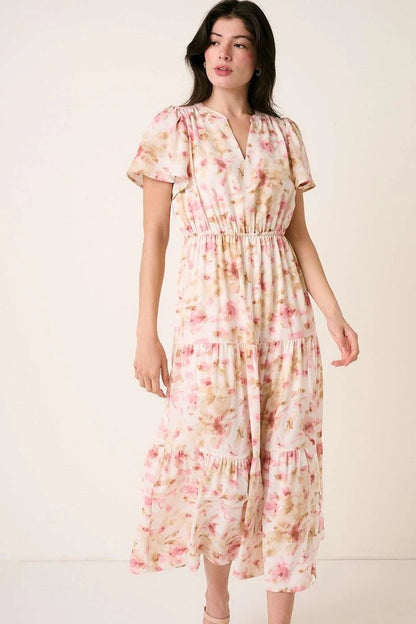 Flower Print Flutter Sleeve V Slit Maxi Dress - Pink - product view 1