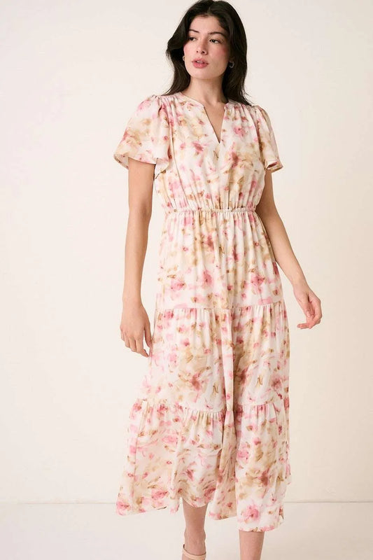 Flower Print Flutter Sleeve V Slit Maxi Dress - Pink - product view 1