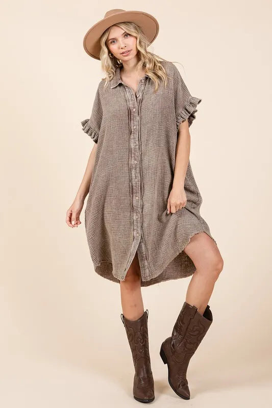 Mineral Wash Cotton Gauze Mini Shirt Dress in Toffee - product view 1