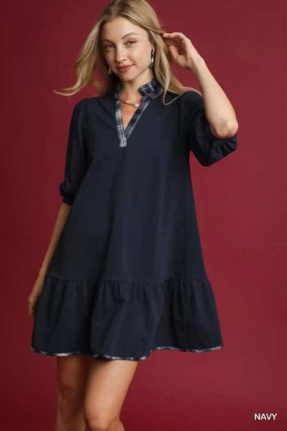 French Terry Ruffle Hem Dress with Plaid Trim - Navy - product view 1
