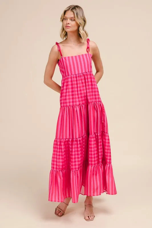 Stripe Tiered Maxi Dress with Colorful Chain Strap in Pink/Red - product view 4