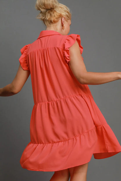 Full Size Johnny Collar Ruffle Cap Sleeve Tiered Dress Plus Size - Strawberry - product view 7
