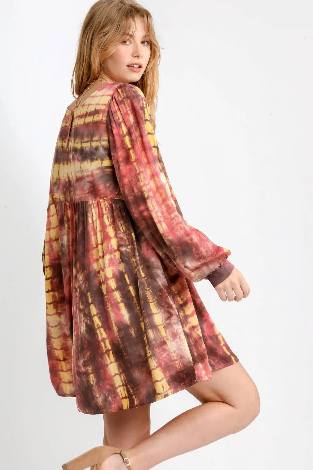 Full Size Tie Dye Long Sleeve Babydoll Dress with Keyhole Plus Size in Coral/Mocha - product view 2