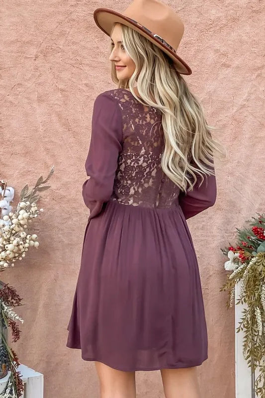 Back Lace Button Down Detail Bell Sleeve Dress in Purple - product view 2
