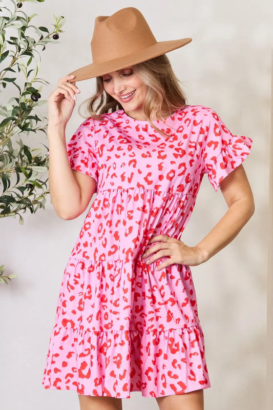 Short Flounce Sleeve Tiered Dress in Pink and Dark Green - product view 1