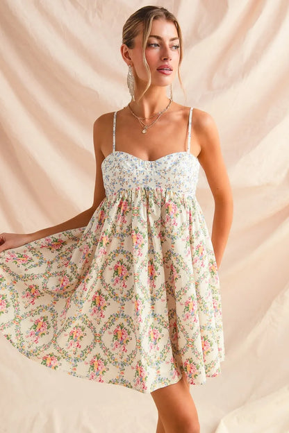 Mixed Floral Print Sleeveless Mini Dress in Cream Combo - product view 8