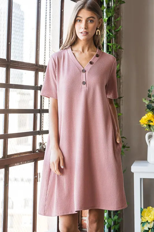 Full Size Solid Ribbed Mini Dress with Button Plus Size in Rose - product view 5