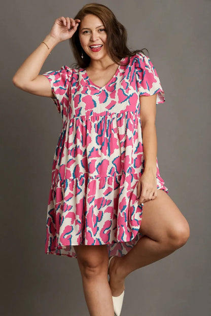 Full Size Abstract Print Pleat Detail Short Sleeve V-Neck Tiered Dress Plus Size in Creammix - product view 4