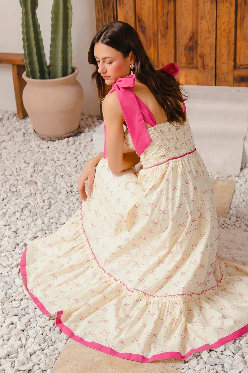 Ribbon Flowy Maxi Dress with Contrast Trim in Cream/Pink - product view 5