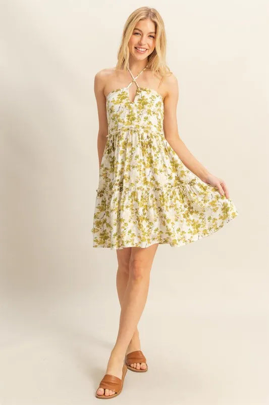 Floral Print Halter Neck Tiered Mini Dress in Yellow-Green - product view 4