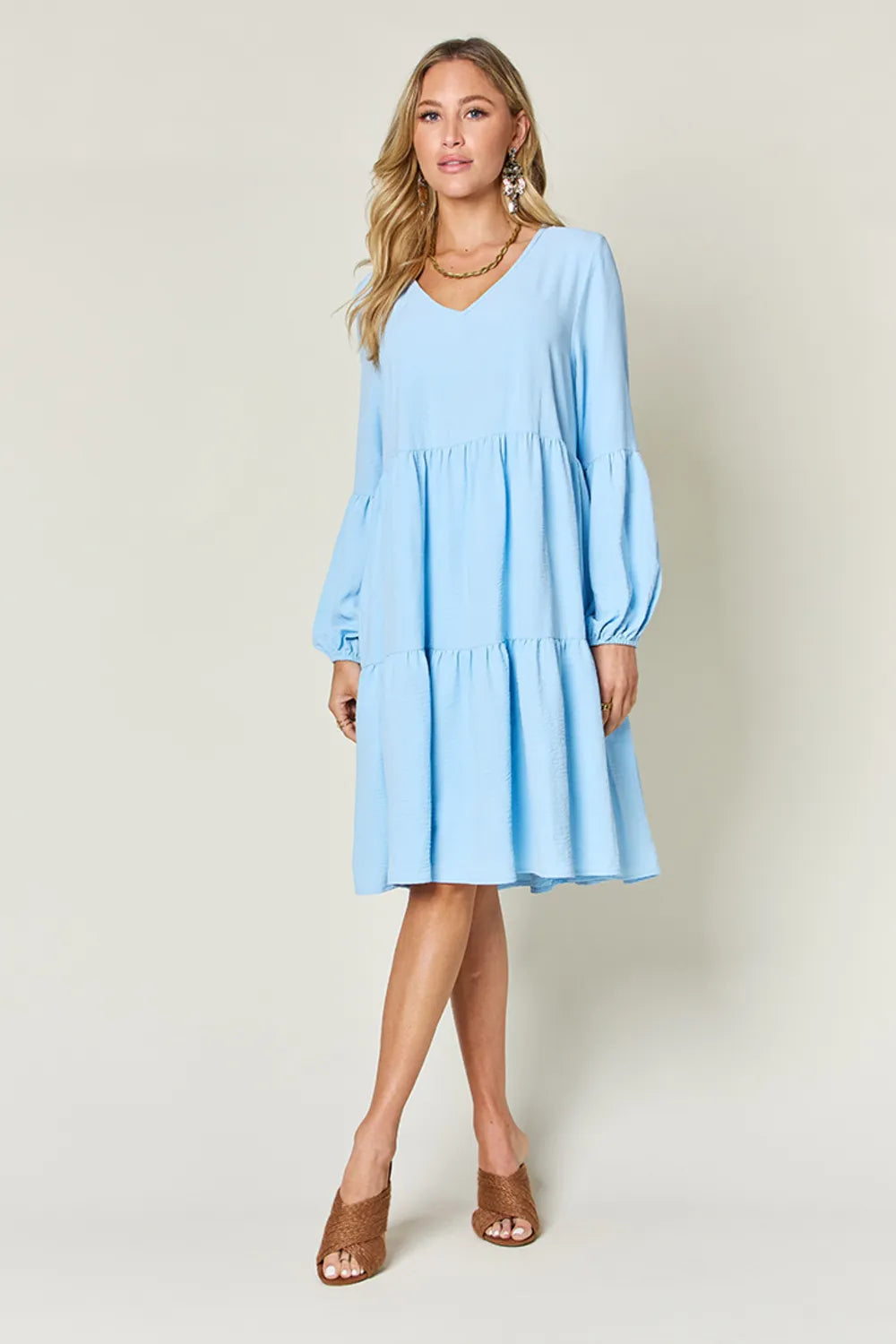 Full Size V-Neck Balloon Sleeve Tiered Dress with Pockets in Light Green, Pink and more - product view 29