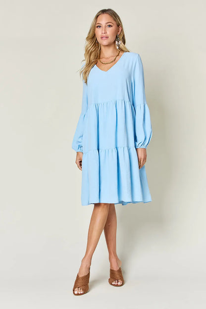 Full Size V-Neck Balloon Sleeve Tiered Dress with Pockets in Light Green, Pink and more - product view 29