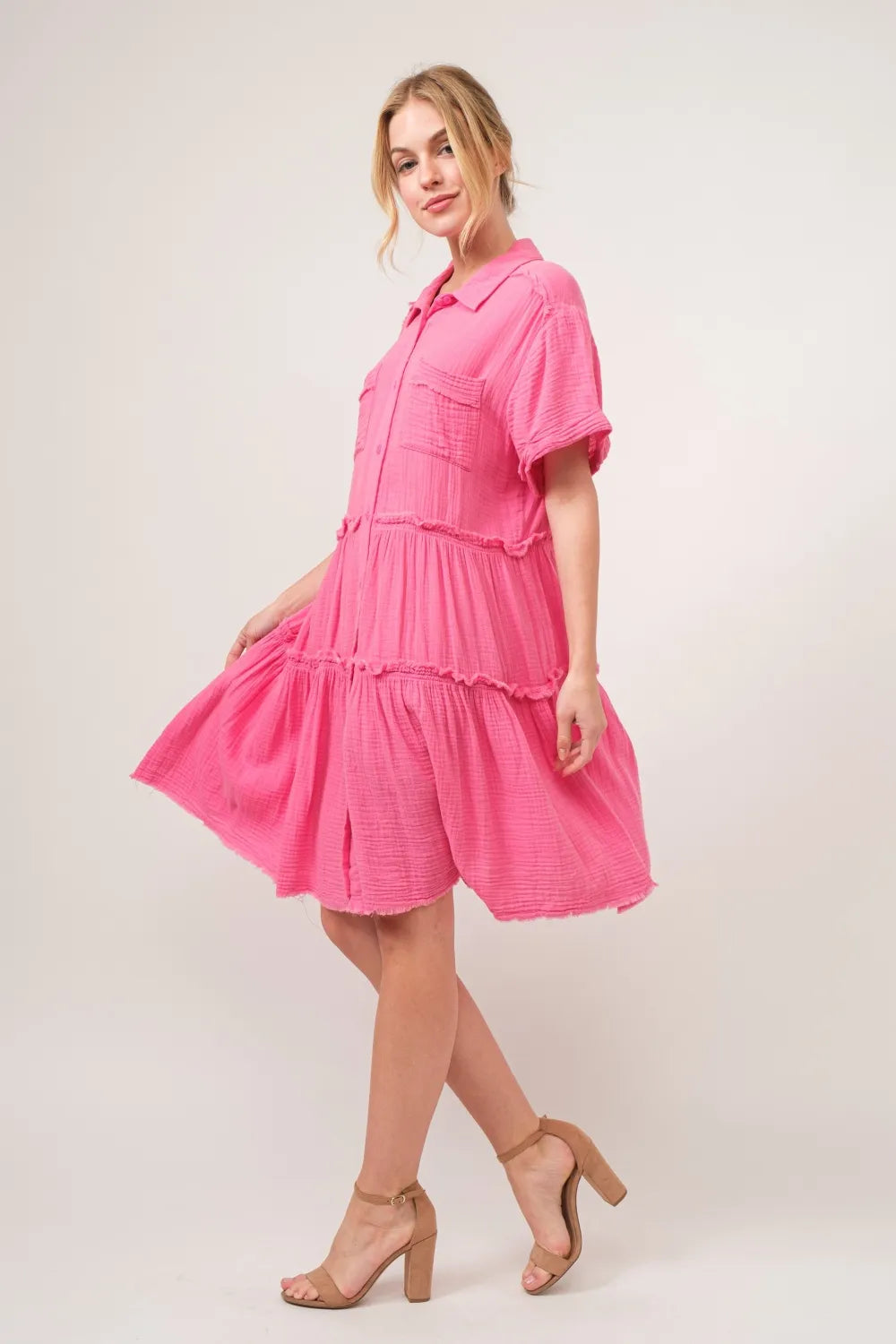 Full Size Raw Edge Washed Tiered Shirt Dress in Pink - product view 3