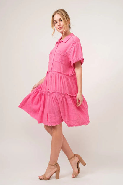 Full Size Raw Edge Washed Tiered Shirt Dress in Pink - product view 3