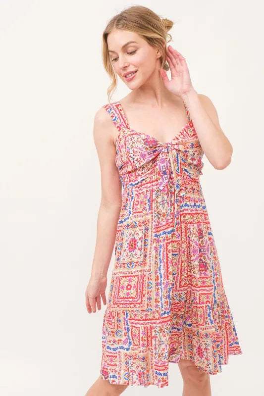 Tied Front Smocked Back Tiered Boho Printed Dress in Red Multi - product view 6