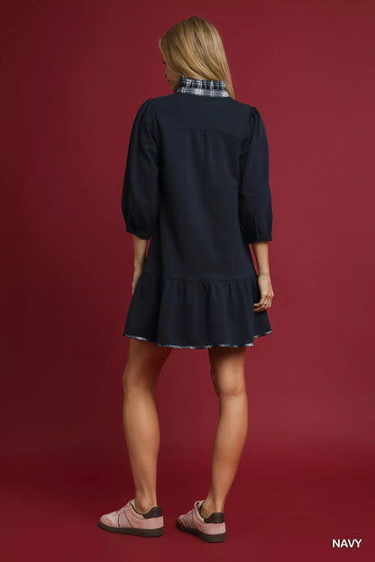 French Terry Ruffle Hem Dress with Plaid Trim - Navy - product view 3