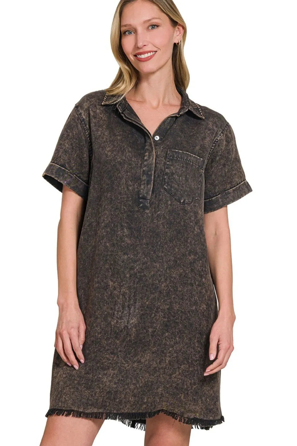 Tencel Mineral Washed Collared Shirts Dress - Ash Black - product view 2