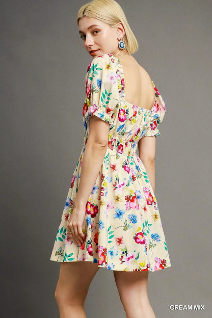 Floral Print Puff Sleeve Mini Dress - Cream - product view 4