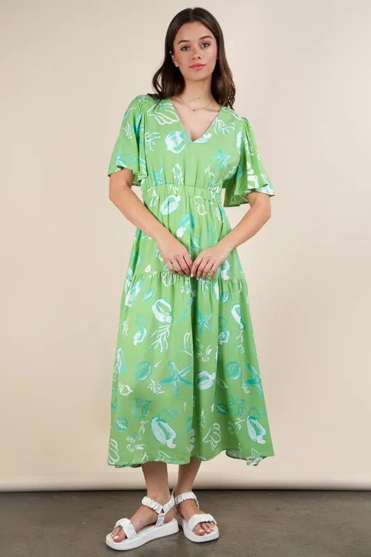 Printed V-Neck Resort Midi Dress in Sage - product view 1