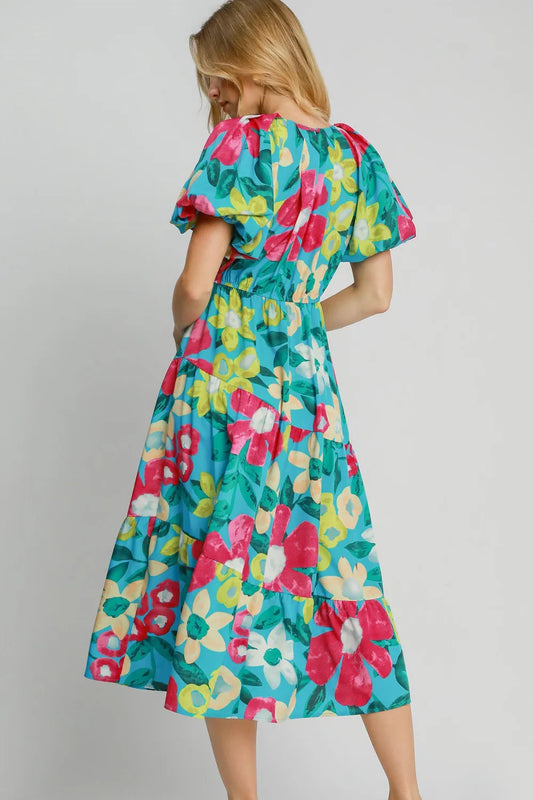 Full Size Tiered Floral Print Notched Puff Sleeve Midi Dress Plus Size - Azuremix - product view 2