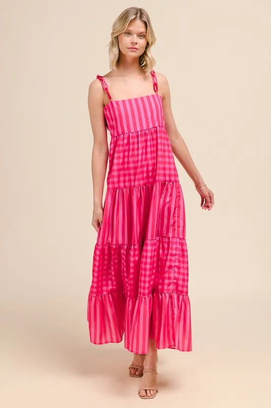 Stripe Tiered Maxi Dress with Colorful Chain Strap in Pink/Red - product view 5