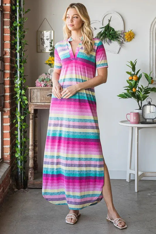 Full Size Striped Short Sleeve Maxi Tee Dress Plus Size in Pink Multi - product view 5