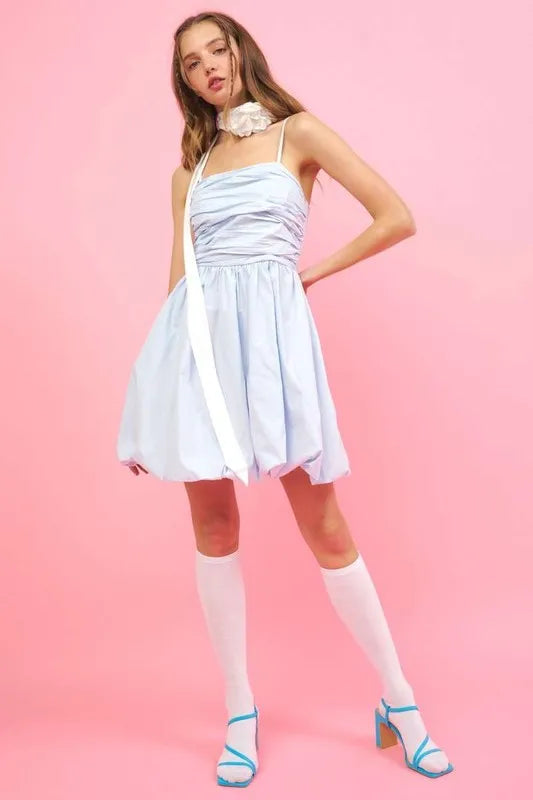Ruched Detail Bubble Hem Mini Dress in Blue - product view 2