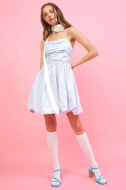 Ruched Detail Bubble Hem Mini Dress in Blue - product view 2