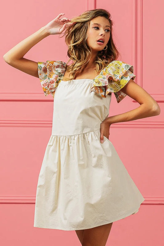 Flower Embroidered Floral Print Sleeve Dress in Oatmeal - product view 1
