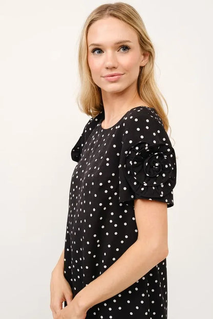 Embellished Sleeve Polka Dots Shift Dress in Black - product view 7