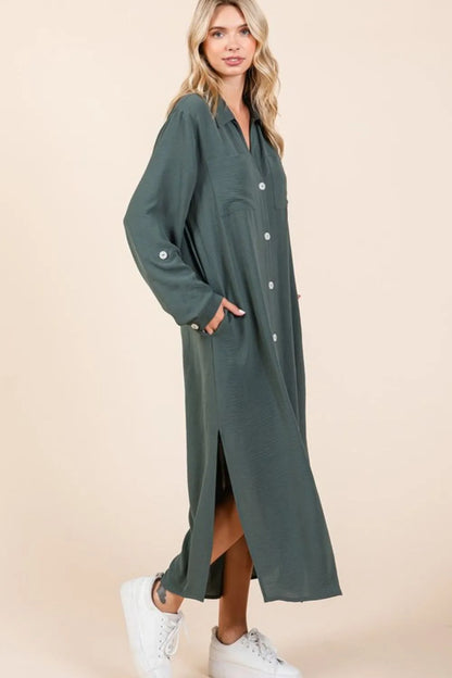 Airflow V-Neck Long Sleeve Button Down Maxi Dress in Lt Hunter - product view 3