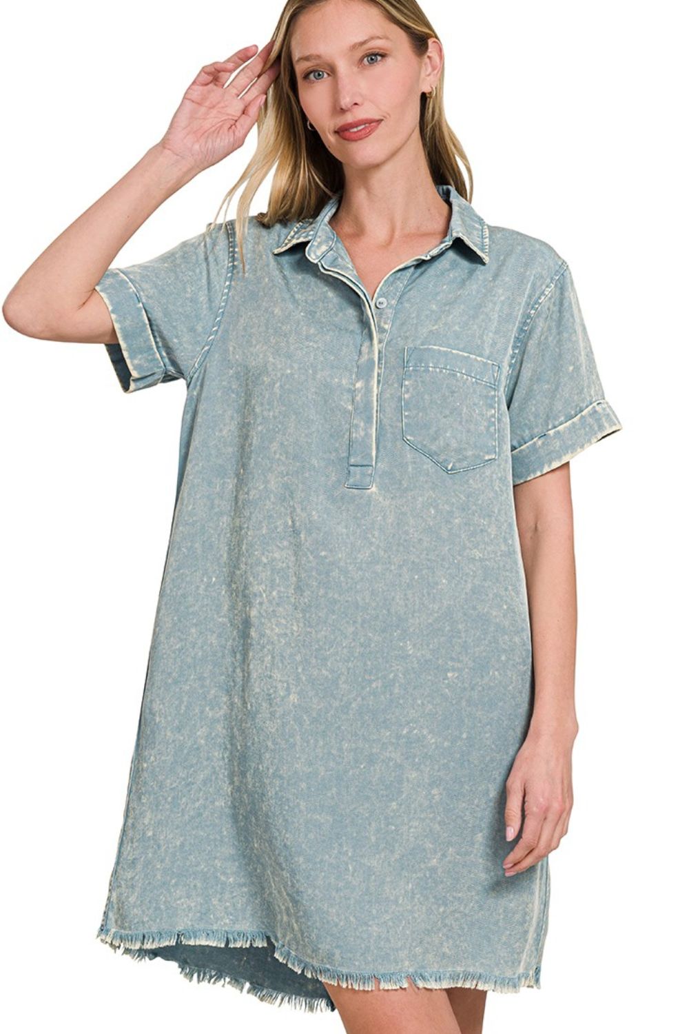 Tencel Mineral Washed Collared Shirts Dress - Blue Grey - product view 6