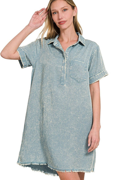 Tencel Mineral Washed Collared Shirts Dress - Blue Grey - product view 6