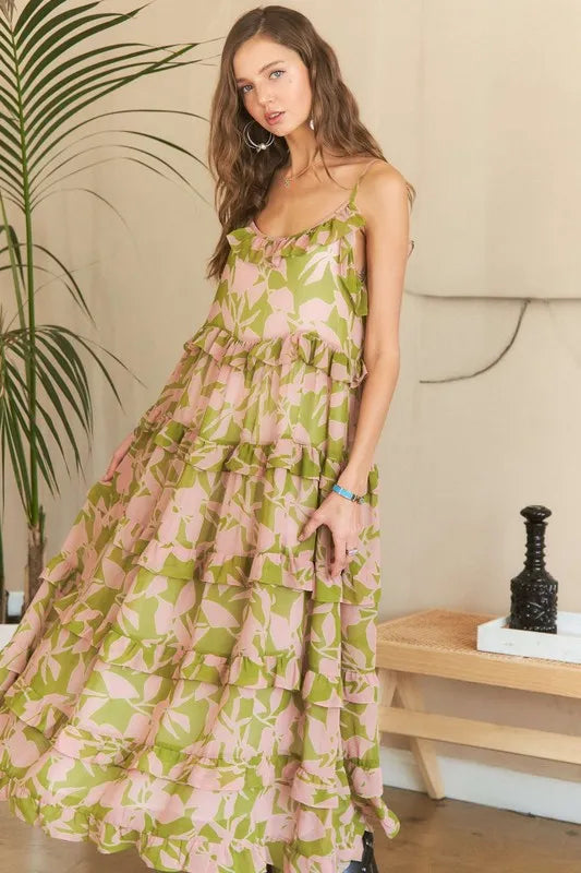 Ruffled Tiered Scoop Neck Cami Dress in Mauve Sage Combo - product view 2